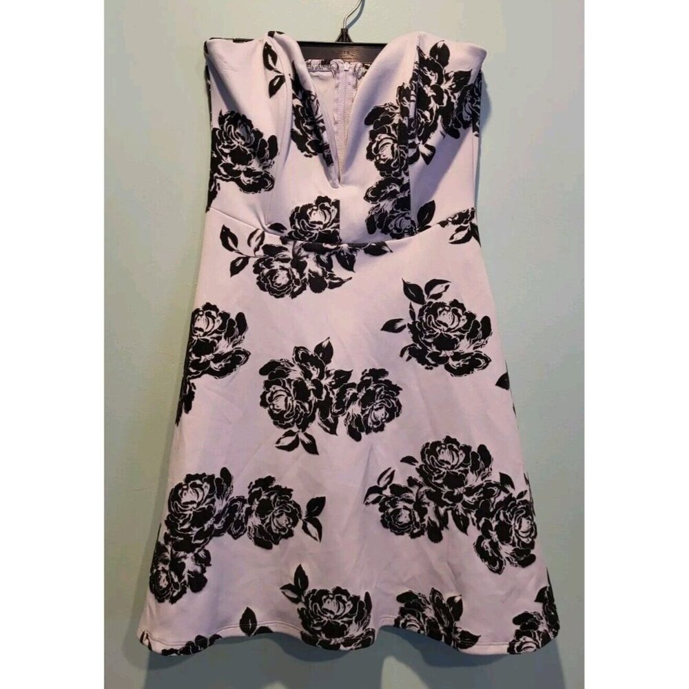 Trixxie Gray Black Flocked Floral Strapless Fit & Flare Mini Dress Sz L Y2K